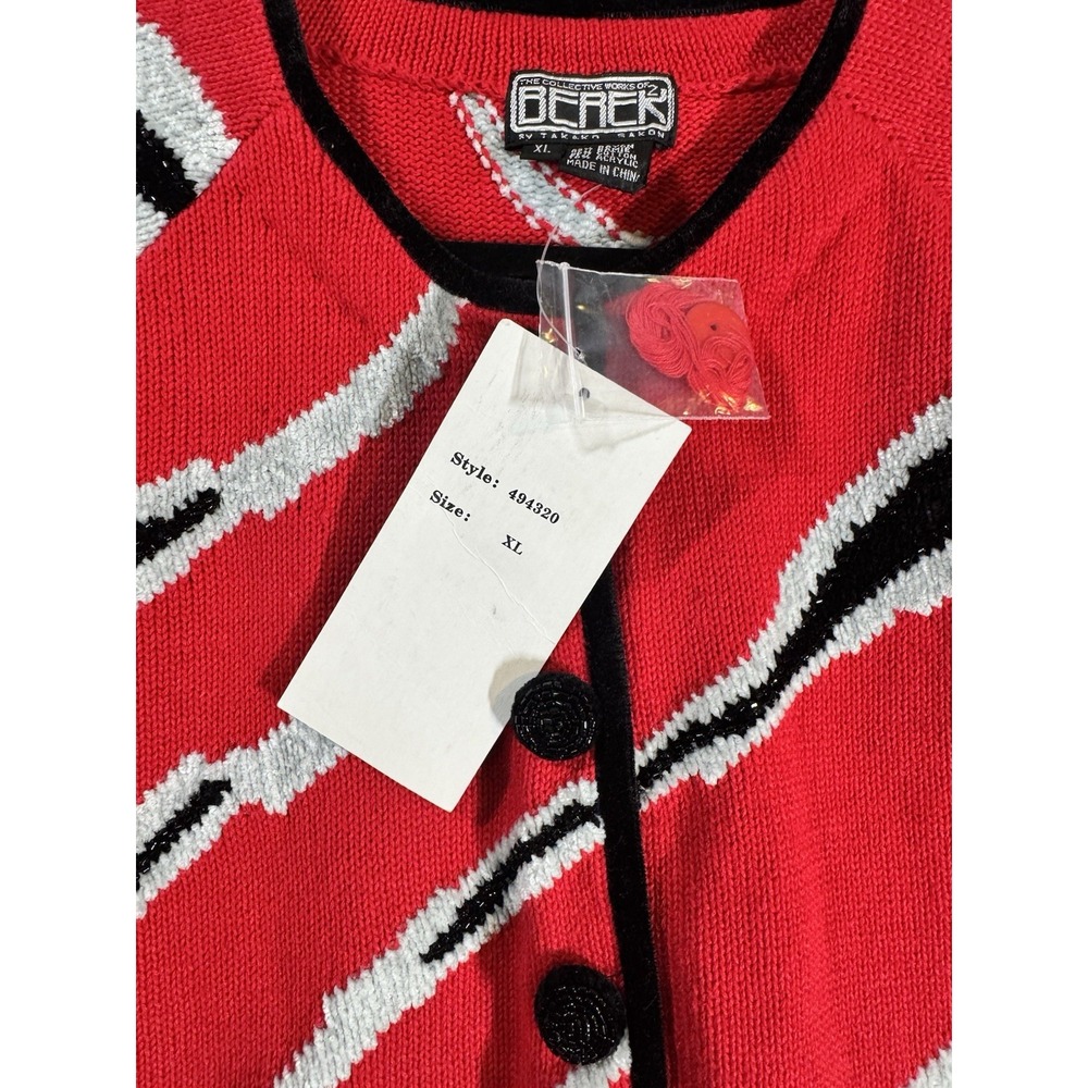 VTG Berek Beaded Fringe Cardigan Sweater XL -Red Black Gray Zebra Stripe NOS NWT - Picture 7 of 16